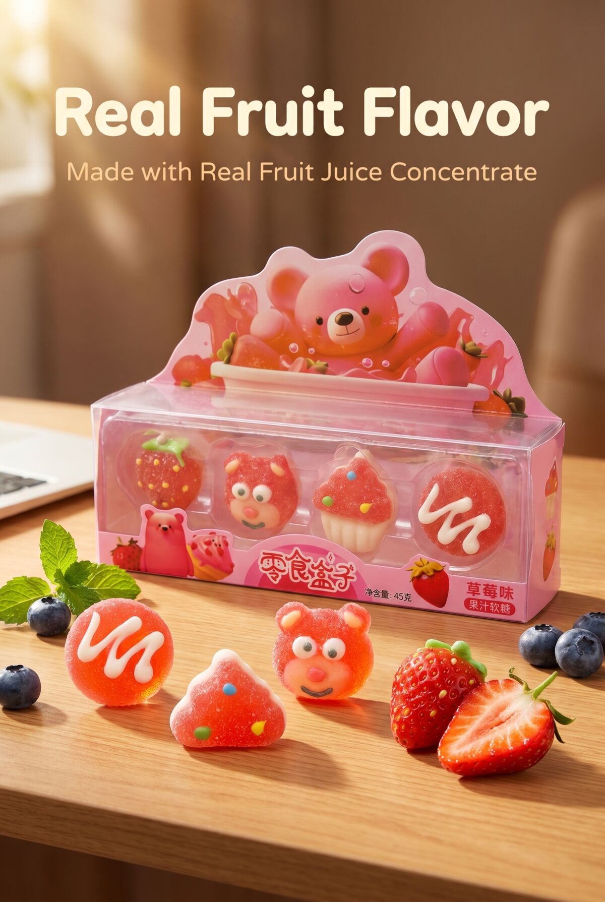 Colorful gummy and jelly candy formats